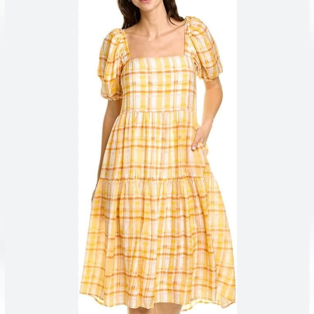 NWOT ASTR The Label Tie Back Puff Sleeve Yellow Vestido Midi Dress Size S